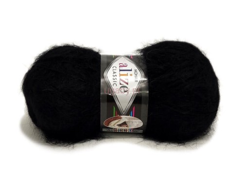 Czarna włóczka Alize Mohair Classic nr 60 o puszystej strukturze. Idealna na ciepłe swetry, szale i eleganckie dodatki.
