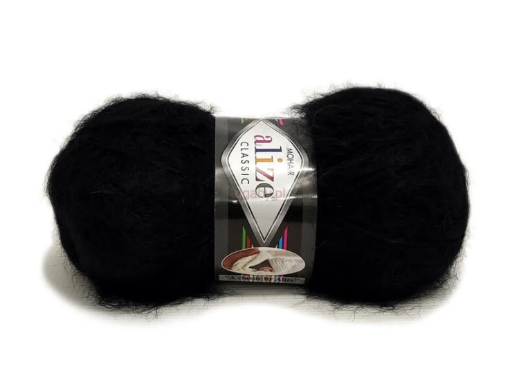 Czarna włóczka Alize Mohair Classic nr 60 o puszystej strukturze. Idealna na ciepłe swetry, szale i eleganckie dodatki.