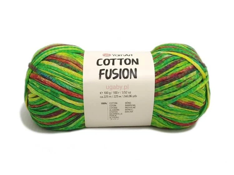 Włóczka Cotton Fusion 3651 – bawełna tasiemkowa w kolorach zielonym, żółtym, brązowym i niebieskim.