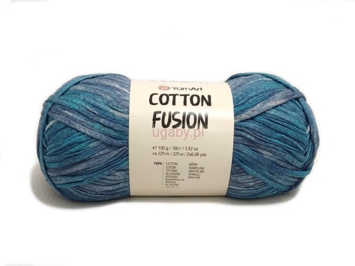 Włóczka Cotton Fusion 3657 – bawełniana tasiemka w melanżu niebiesko-popielatym.