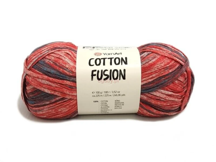Włóczka Cotton Fusion 3654 – bawełniana tasiemka w kolorze czerwonym i stalowym szarym.