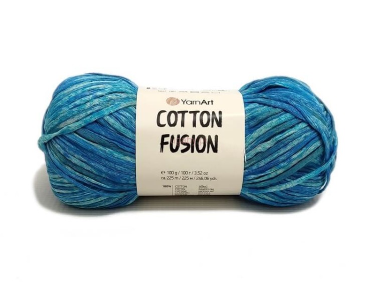 Włóczka bawełniana Cotton Fusion 3641 – tasiemkowy melanż w różnych odcieniach turkusu.