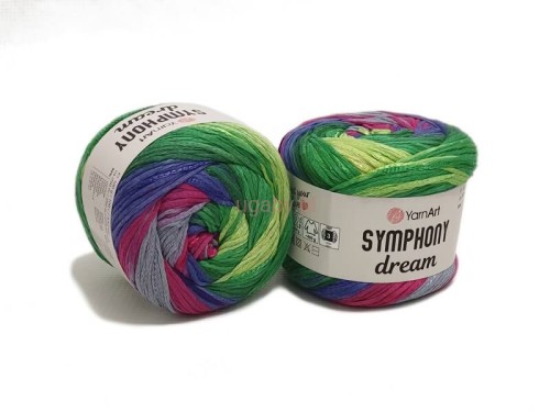 Wielokolorowa włóczka tasiemkowa YarnArt Symphony Dream nr 3105 w odcieniach fioletu, bordo, zieleni i szarości.