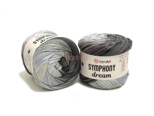 Szara włóczka tasiemkowa YarnArt Symphony Dream nr 3118 z efektem ombre w odcieniach srebra i gołębiej szarości.