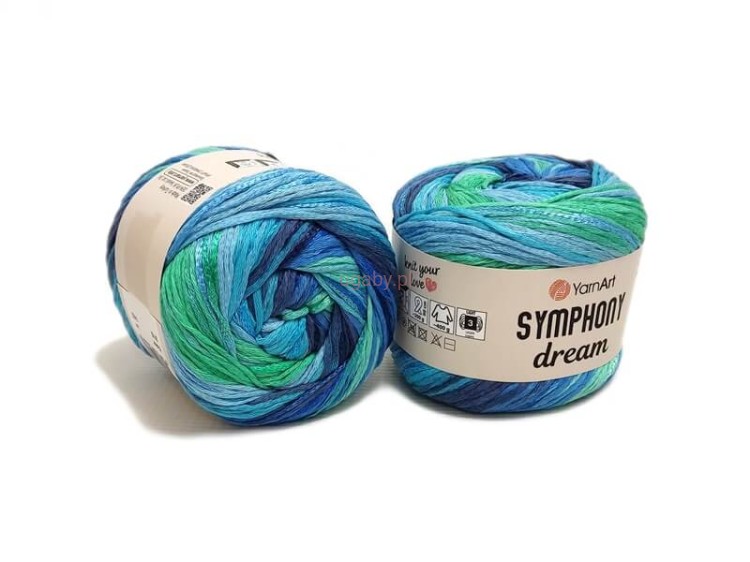 Morska włóczka tasiemkowa YarnArt Symphony Dream nr 3115 w odcieniach turkusu, błękitu i zieleni.