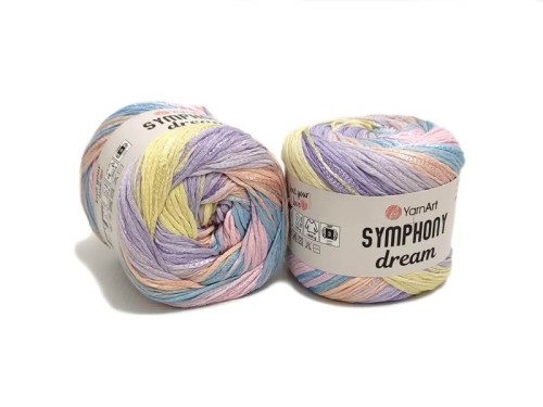Pastelowa włóczka tasiemkowa YarnArt Symphony Dream nr 3117 w odcieniach różu, żółci, fioletu, błękitu i szarości.