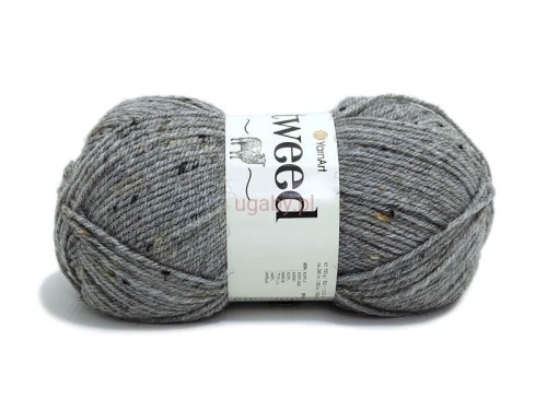 Popielata włóczka Tweed nr 226 z wełną i kolorowymi plamkami, jasnoszary motek z wiskozą.