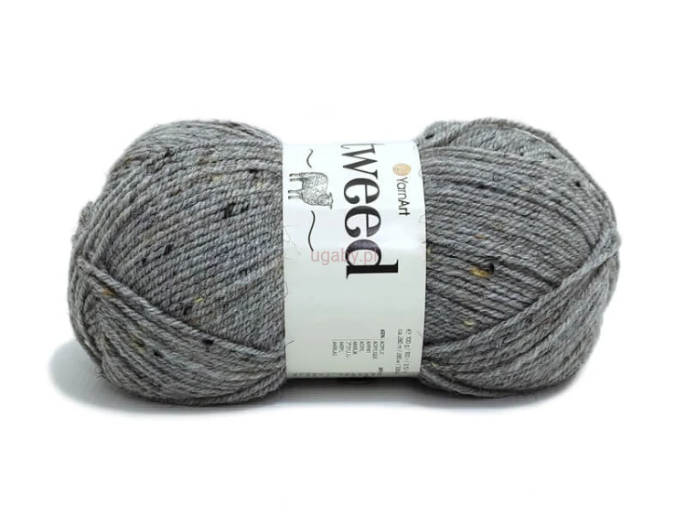 Popielata włóczka Tweed nr 226 z wełną i kolorowymi plamkami, jasnoszary motek z wiskozą.
