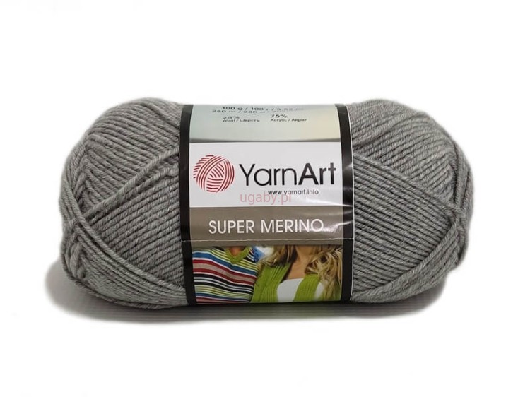 Włóczka YarnArt Super Merino nr 195 w kolorze popielatym – zbliżenie na sprężystą strukturę szarej przędzy.
