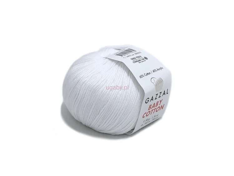 Biała włóczka Gazzal Baby Cotton 3432, bawełna z akrylem, motek 50g do robótek ręcznych na lato.