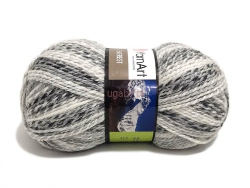 Włóczka YarnArt Everest kolor 7035 Mroźna Grafitowa Skała – szary melanż z czarnymi i białymi akcentami o strukturze wełny.