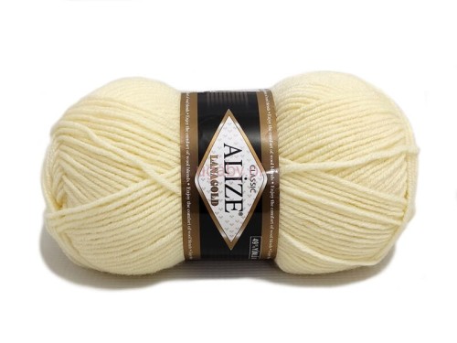 Włóczka Alize Lanagold kolor 01 kremowy, klasyczna mieszanka wełny i akrylu o wyraźnym splocie.