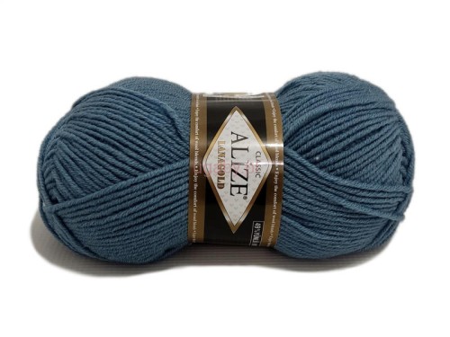 Włóczka Alize Lanagold kolor 498 dżinsowy, klasyczna mieszanka wełny i akrylu o wyraźnym splocie.