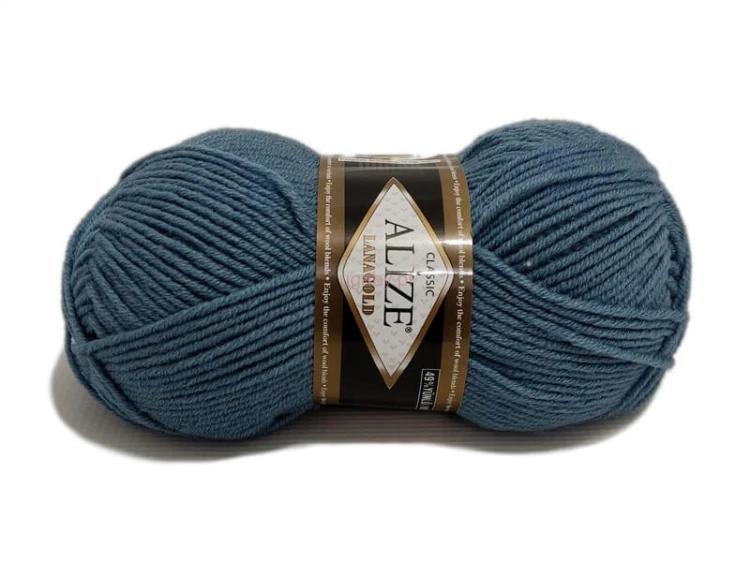 Włóczka Alize Lanagold kolor 498 dżinsowy, klasyczna mieszanka wełny i akrylu o wyraźnym splocie.