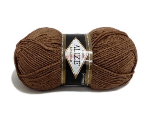 Włóczka Alize Lanagold kolor 466 brązowy jasny, klasyczna mieszanka wełny i akrylu o wyraźnym splocie.
