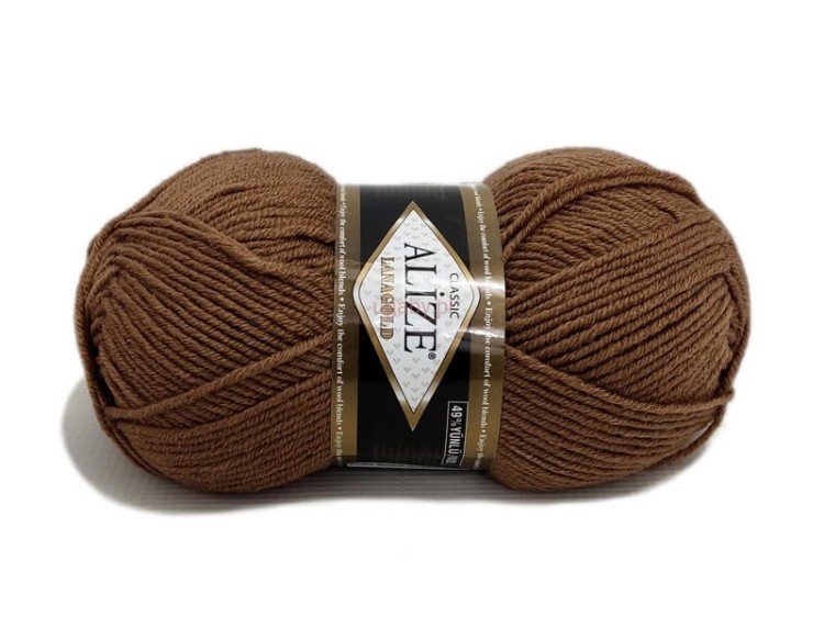 Włóczka Alize Lanagold kolor 466 brązowy jasny, klasyczna mieszanka wełny i akrylu o wyraźnym splocie.