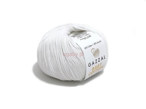 Biała włóczka Gazzal Baby Cotton nr 3432, motek 50g, gładka mieszanka bawełny z akrylem do szydełkowania.