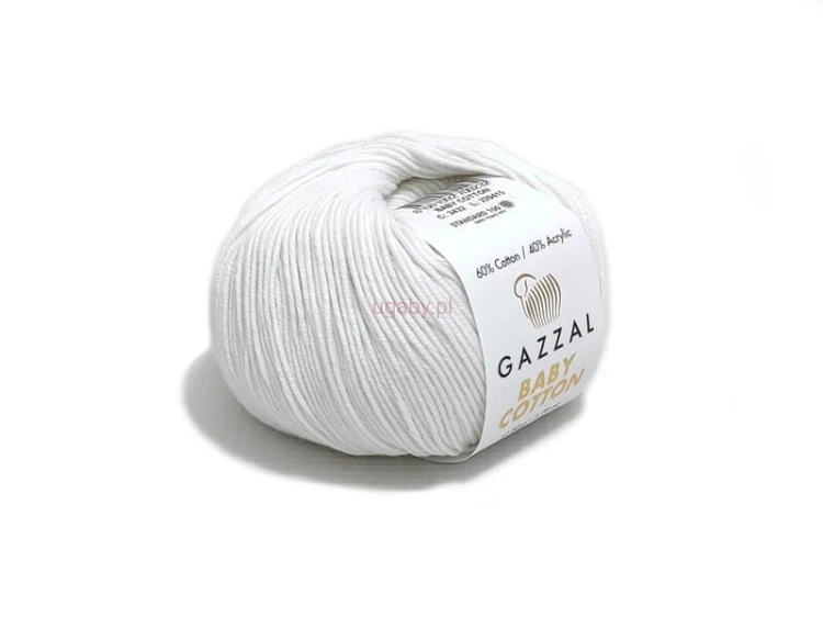 Biała włóczka Gazzal Baby Cotton nr 3432, motek 50g, gładka mieszanka bawełny z akrylem do szydełkowania.
