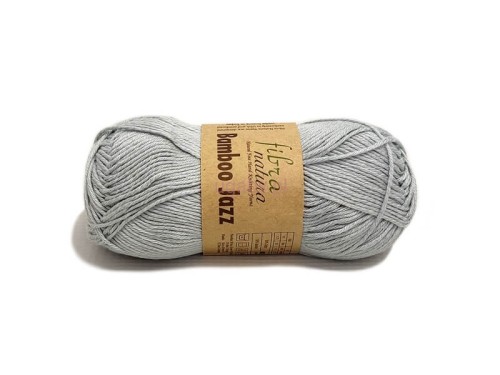 Motek popielatej włóczki Fibra Natura Bamboo Jazz o numerze 215, o gładkiej strukturze i jasnoszarym odcieniu.