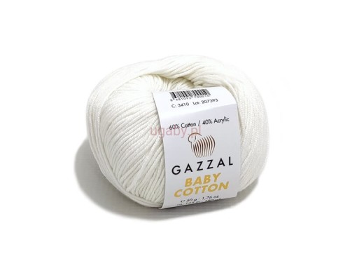 Włóczka Gazzal Baby Cotton 3410 w kolorze śmietankowym, motek 50g, miękka bawełna z akrylem na ubranka do chrztu.