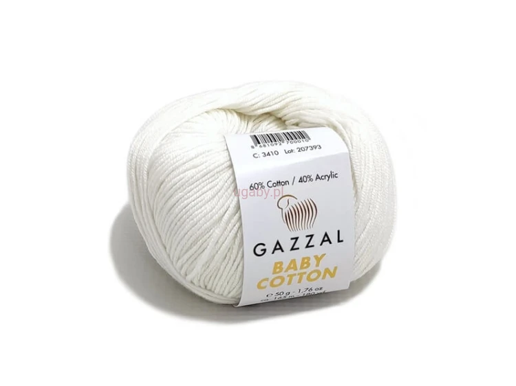 Włóczka Gazzal Baby Cotton 3410 w kolorze śmietankowym, motek 50g, miękka bawełna z akrylem na ubranka do chrztu.