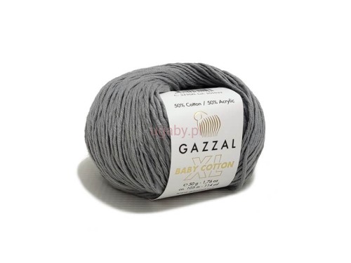 Motek bawełniano-akrylowej włóczki Gazzal Baby Cotton XL w kolorze szarym 3430, zbliżenie na splot nitki, logo ugaby.pl.