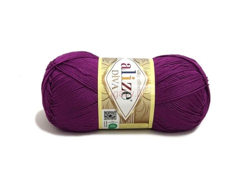 Włóczka Diva Alize kolor 297 śliwkowy, cienka przędza z mikrofibry o jedwabistym połysku i właściwościach antybakteryjnych.