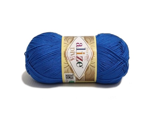 Włóczka Diva Alize kolor 132 szafirowy, cienka przędza z mikrofibry o jedwabistym połysku i właściwościach antybakteryjnych.
