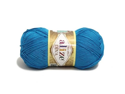 Włóczka Diva Alize kolor 245 lazurowy, cienka przędza z mikrofibry o jedwabistym połysku i właściwościach antybakteryjnych.