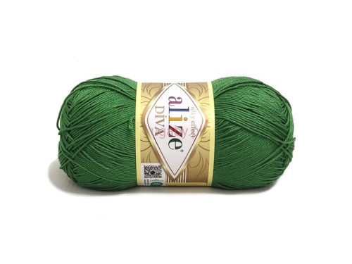 Włóczka Diva Alize kolor 79 zielony, cienka przędza z mikrofibry o jedwabistym połysku i właściwościach antybakteryjnych.