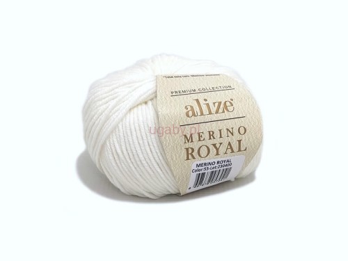 Motek śnieżnobiałej włóczki Alize Merino Royal nr 55. 100% wełna merino o gładkim i sprężystym splocie.