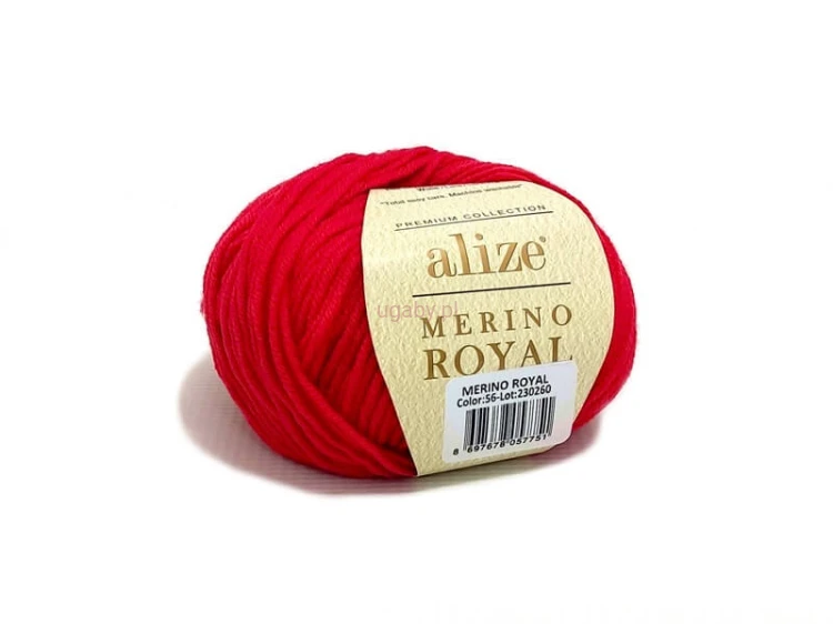 Motek intensywnie czerwonej włóczki Alize Merino Royal nr 56. 100% luksusowa wełna merino o gładkim i sprężystym splocie, idealna na zimowe akcesoria.