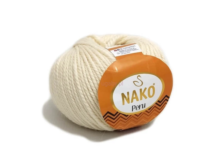 Motek włóczki Nako Peru w kolorze ecru (nr 6730), jasna i puszysta mieszanka alpaki z wełną o strukturze naturalnego płótna.