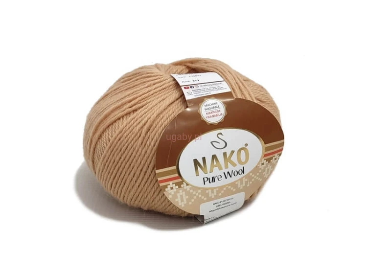 Motek włóczki Nako Pure Wool w kolorze naturalnego beżu nr 219. 100% wełna owcza o wyraźnym splocie.